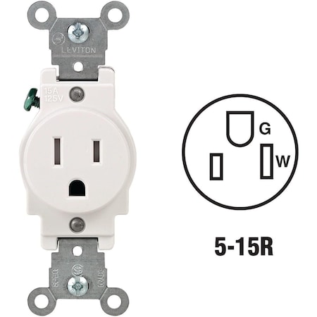 Leviton Straight Blade Receptacle, 5-15R, 15 A, 125V AC, 2 Pole, 3 Wire, Grounded R52-T5015-0WS